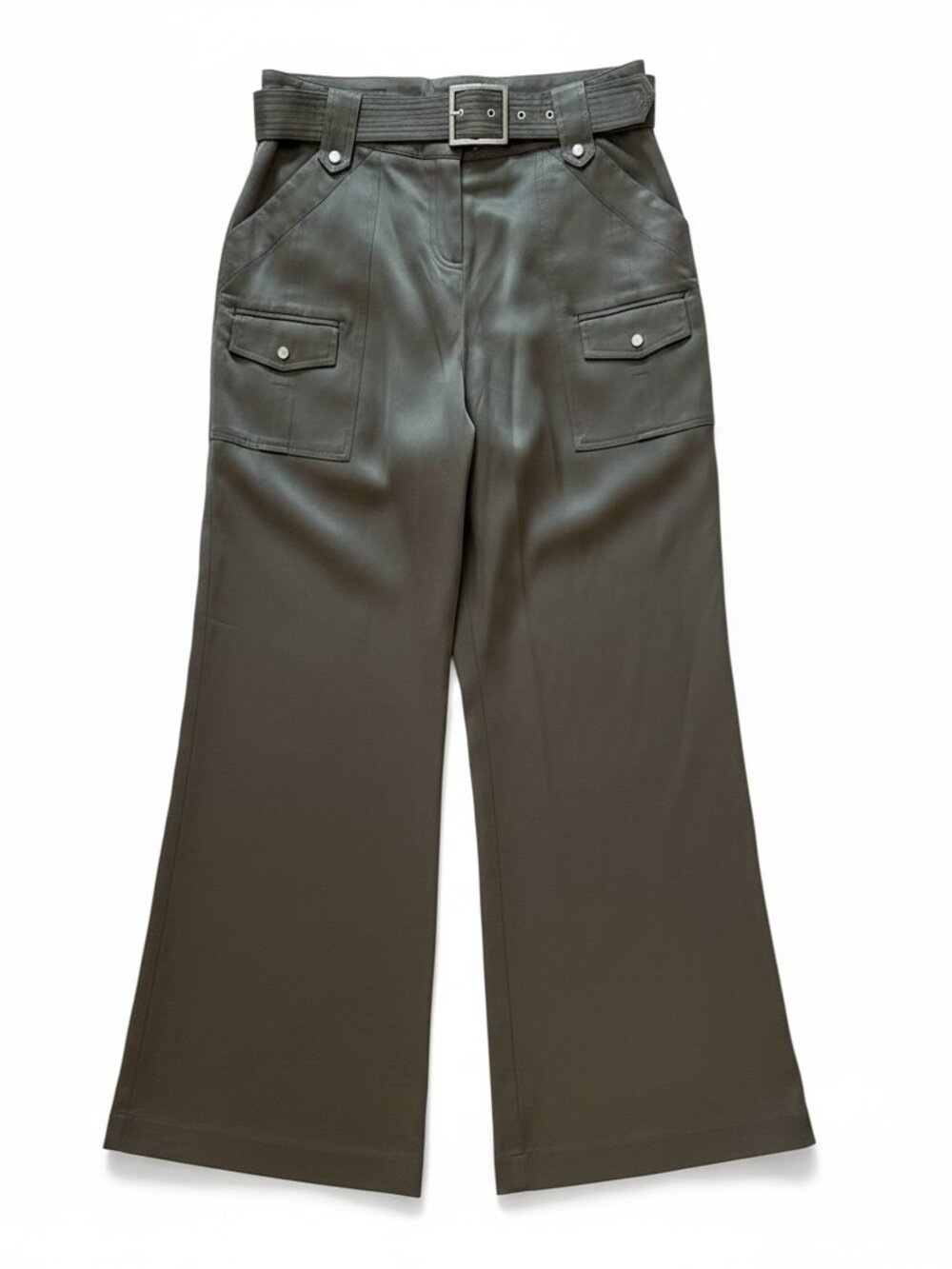 Cache Wide Leg Cargo Lightweight Satiny Poly/Cotton Spandex Olive Green 12
